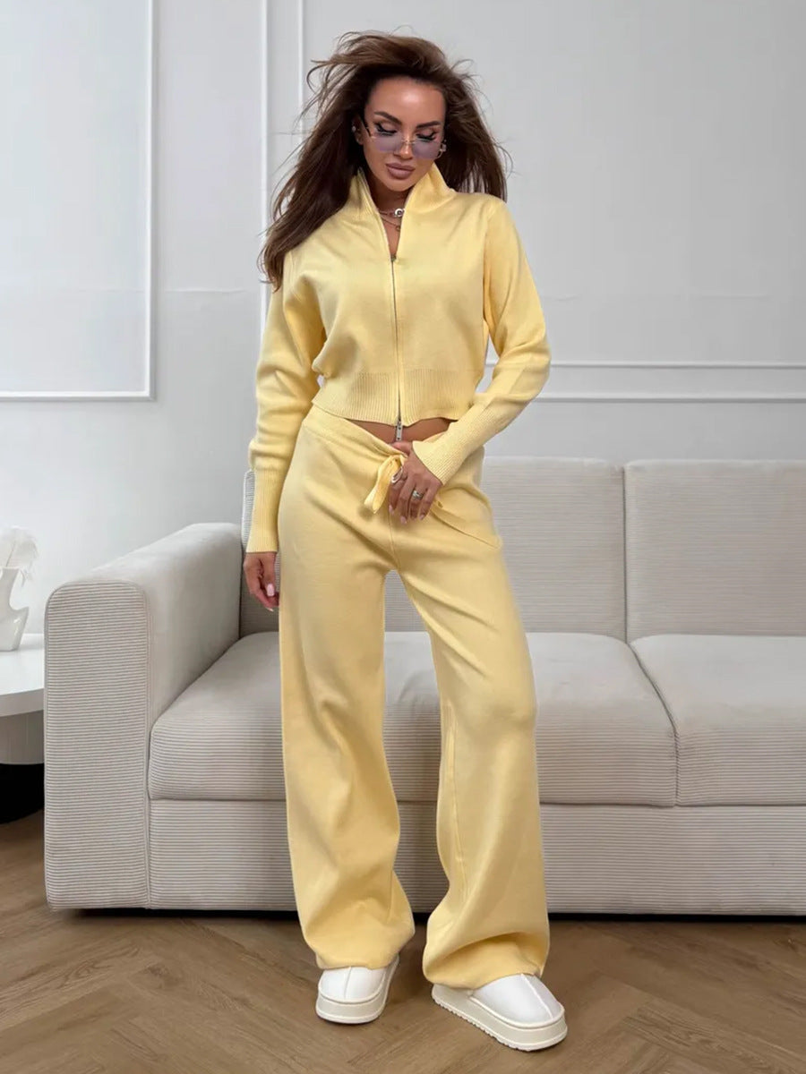 ISLA | KNIT 2 PIECE SET – DRAWSTRING WIDE LEG PANTS WITH ZIP JACKET TOP